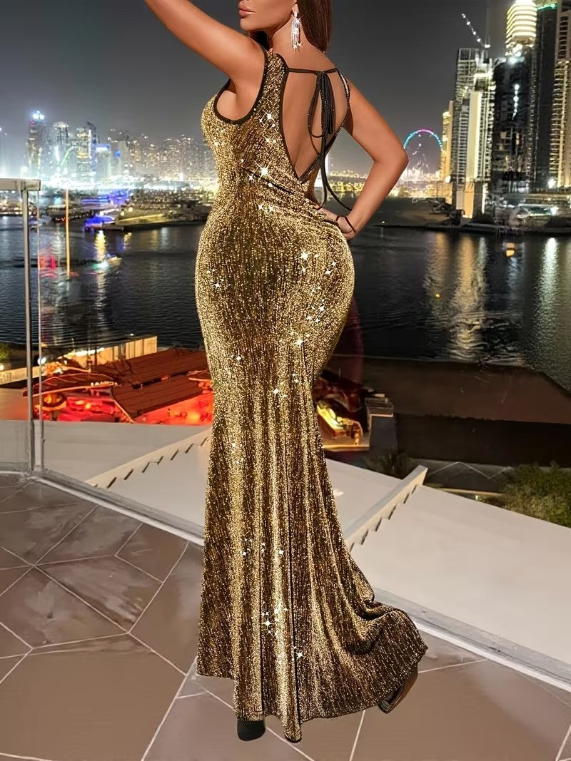 Sleevless Sequin Splice Maxi Drss