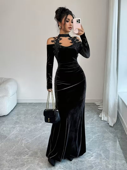 Velvet Halter V-Neck Strapless Dress