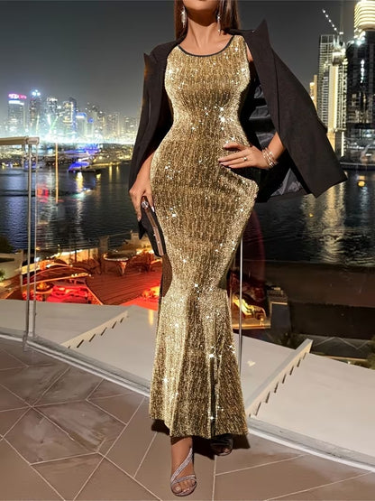 Sleevless Sequin Splice Maxi Drss